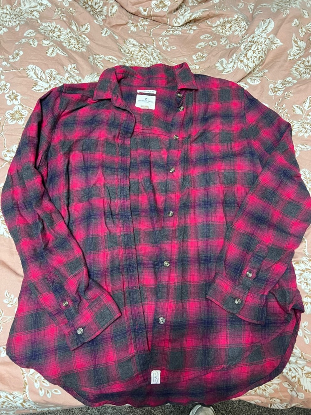 American Eagle Outfitters Pink and Black Plaid Boyfriend Shirt